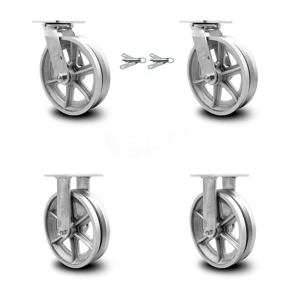 8 Inch V Groove Semi Steel Caster Set with Roller Bearings 2 Swivel Lock 2 Rigid